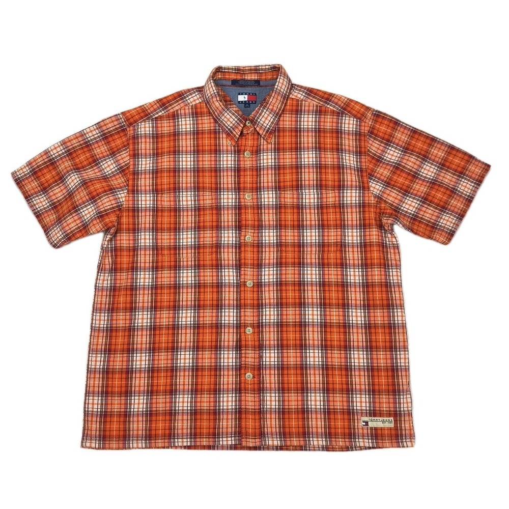 Tommy Jeans Mens XL Short Sleeve Plaid Button Down Shirt Orange Vintage 90s